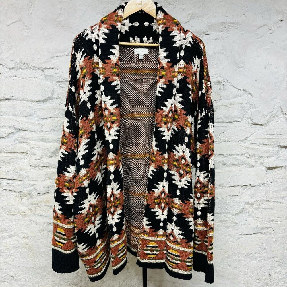 Lucky Brand Aztec Southwestern Cardigan Sweater XL Shawl Collar Cotton Blend